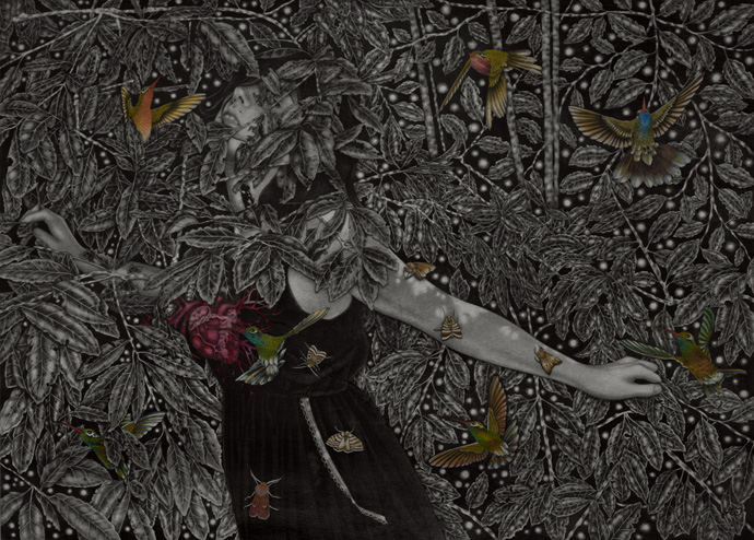 'And-Thru-the-pinhole-stars'_50x70-cm_graphite,-watercolor,-ink-on-wood_2012