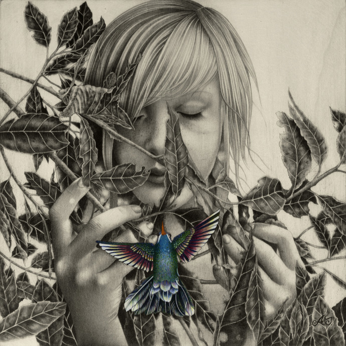 'Blue-Throat'_-30x30-cm_graphite,watercolor-and-ink-on-wood_2012