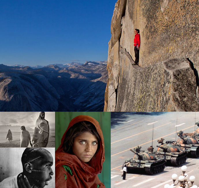 In alto Jimmy Chin. A sinistra, in alto, Sebastião Salgado e, in basso James Nachtwey. Al centro SteveMcCurry e, a destra, Jeff Widener.