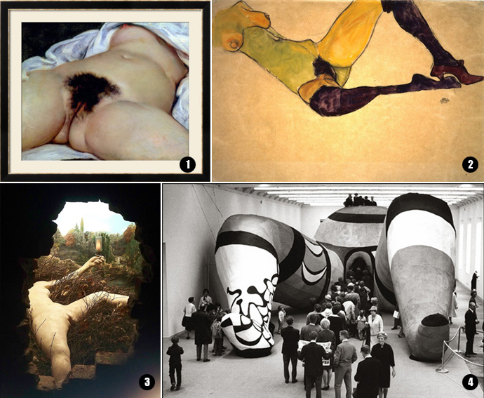 1. Gustave Courbet, L’Origine du Monde - 2. Egon Schiele, Reclining Female Nude with Violet Stockings - 3. Marcel Duchamp, Étant donnés - 4. Niki de Saint Phalle and Jean Tinguely, Hon-en Katedral