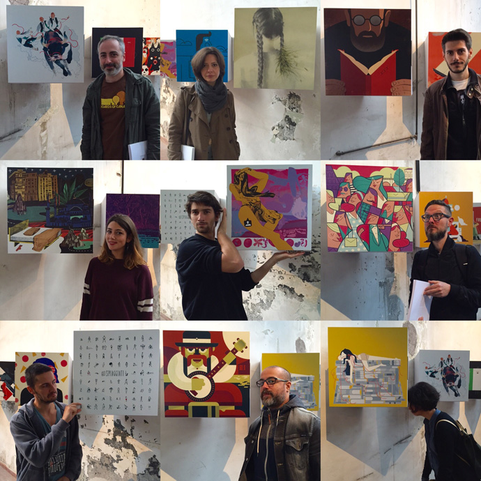 Alcuni degli illustratori che hanno preso parte al progetto "50x50x50" davanti alle rispettive opere.